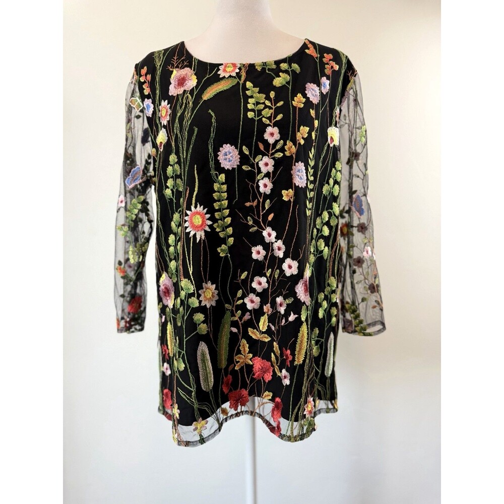 Caroline Rose Embroidered Mesh Tunic Top Made in USA